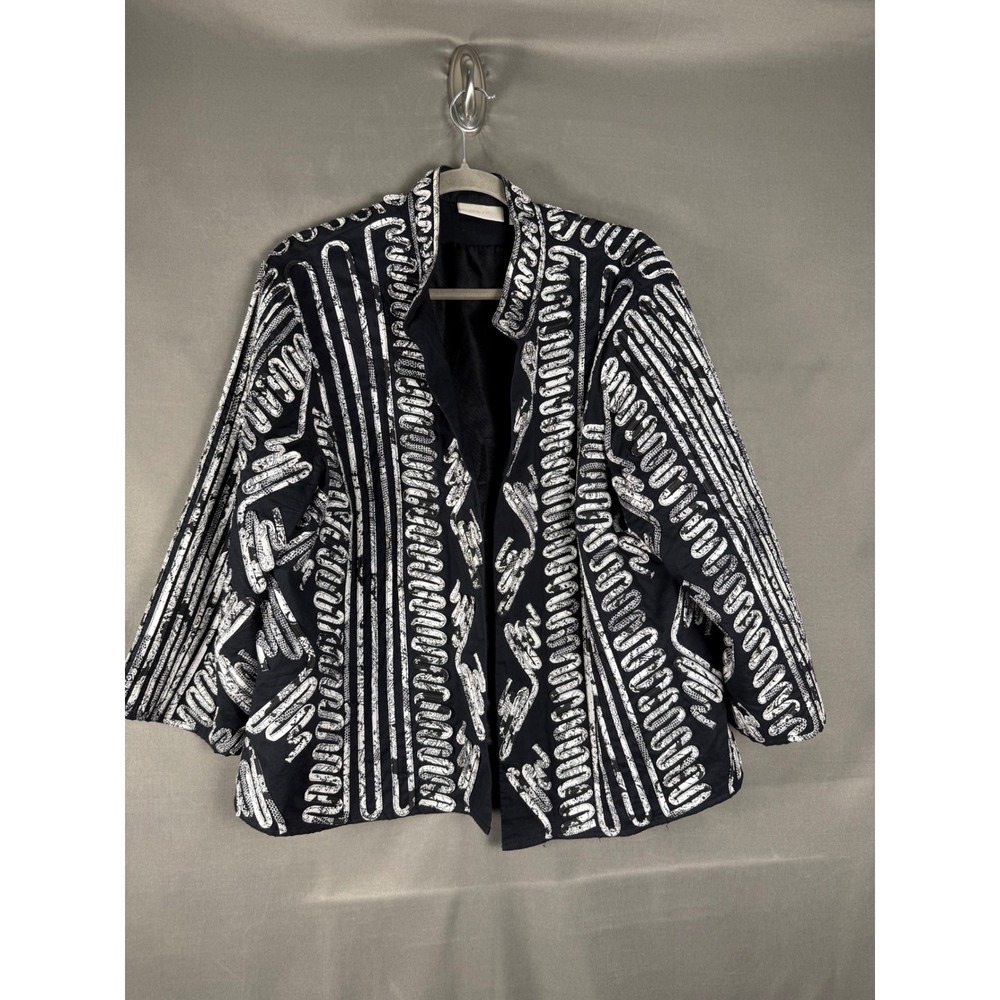 Chico's Jacket Women Size 3 Black White Abstract Geometric Ribbon Open Front